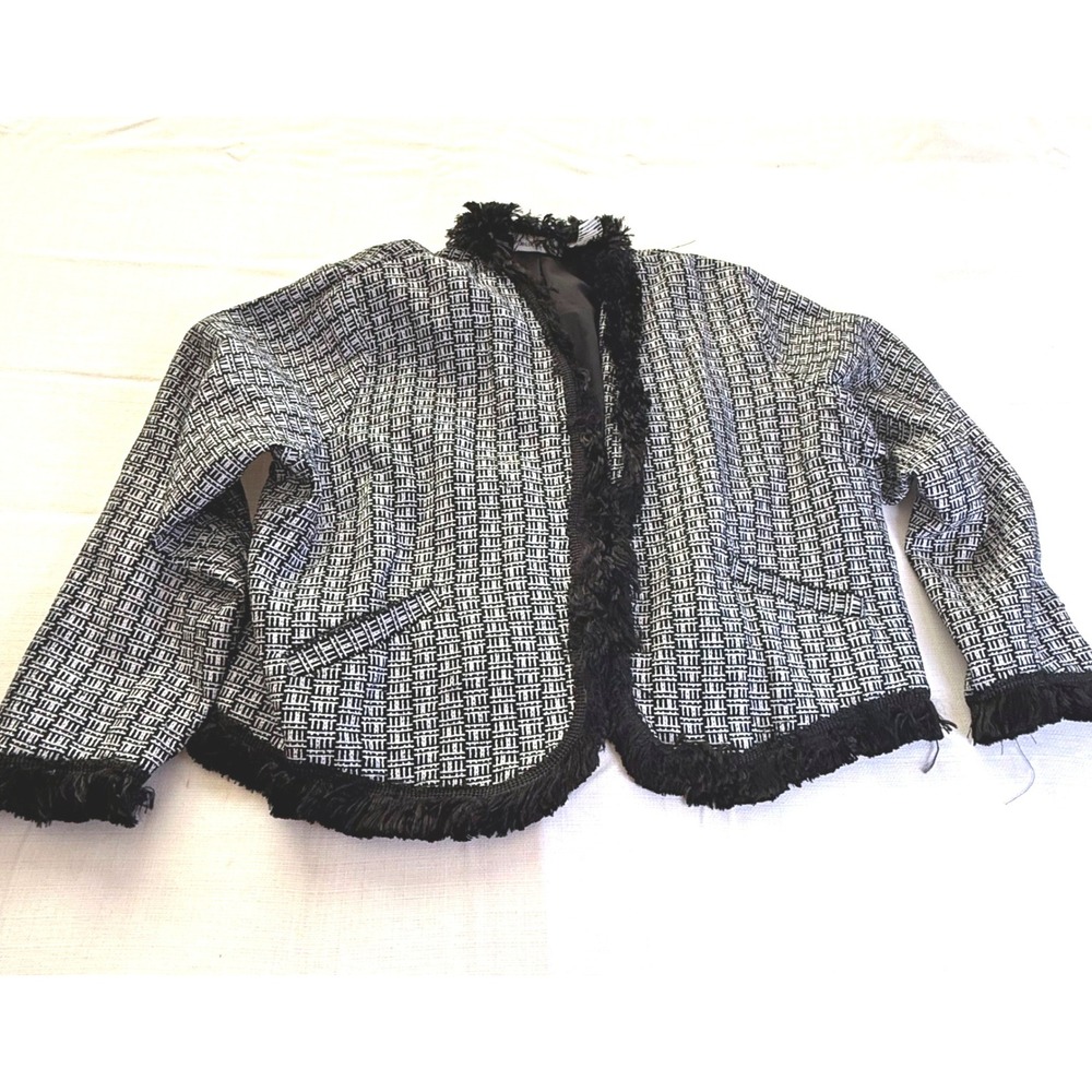 Jessica London Black White Tweed Open Front Jacket Faux Fur Trim Size 16